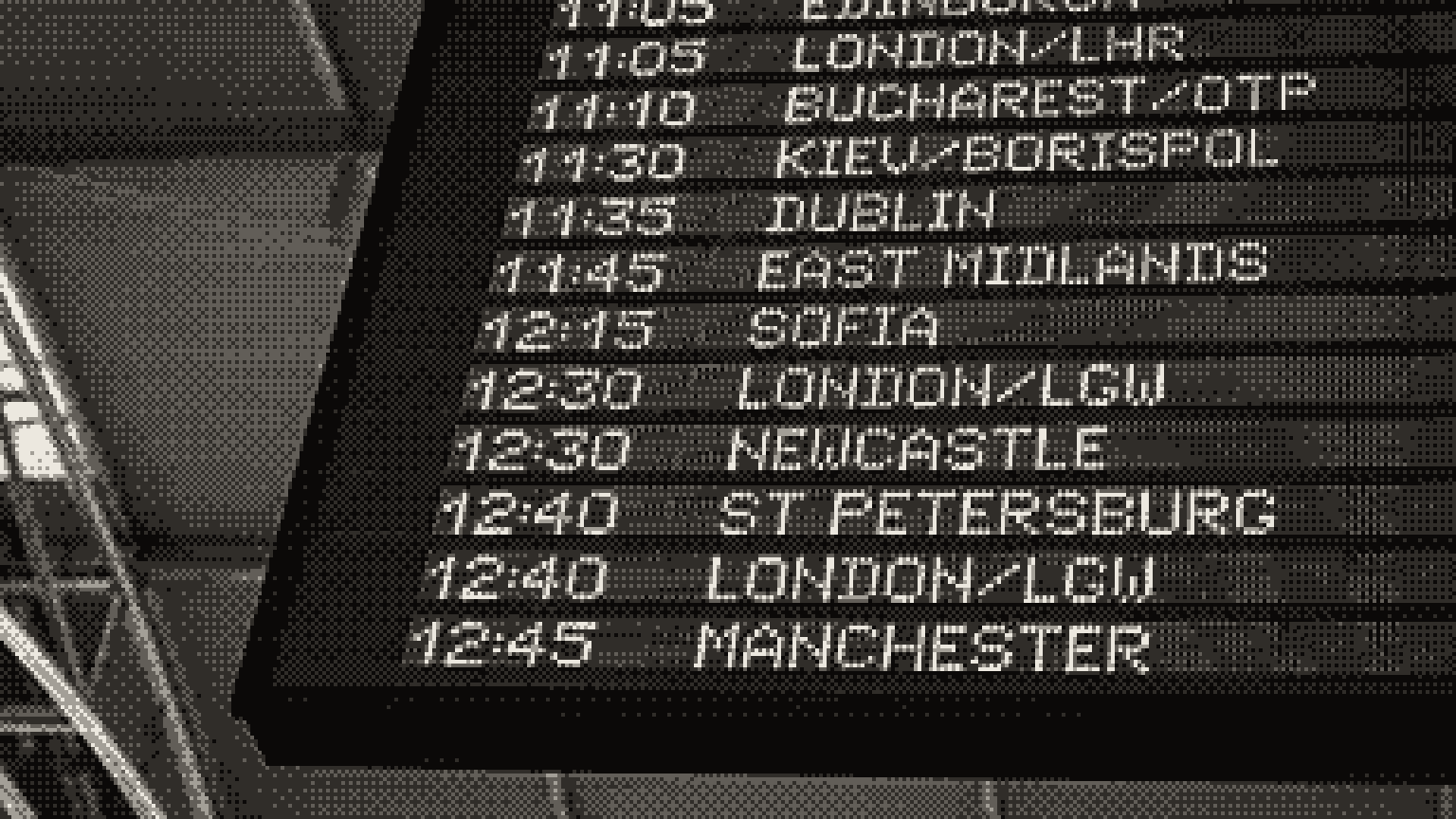A departure board listing flight times and destinations