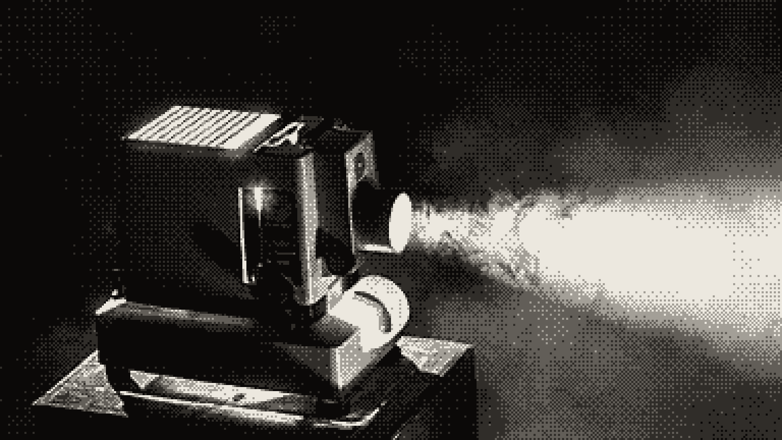 An old film projector throwing a beam of light across a dark room
