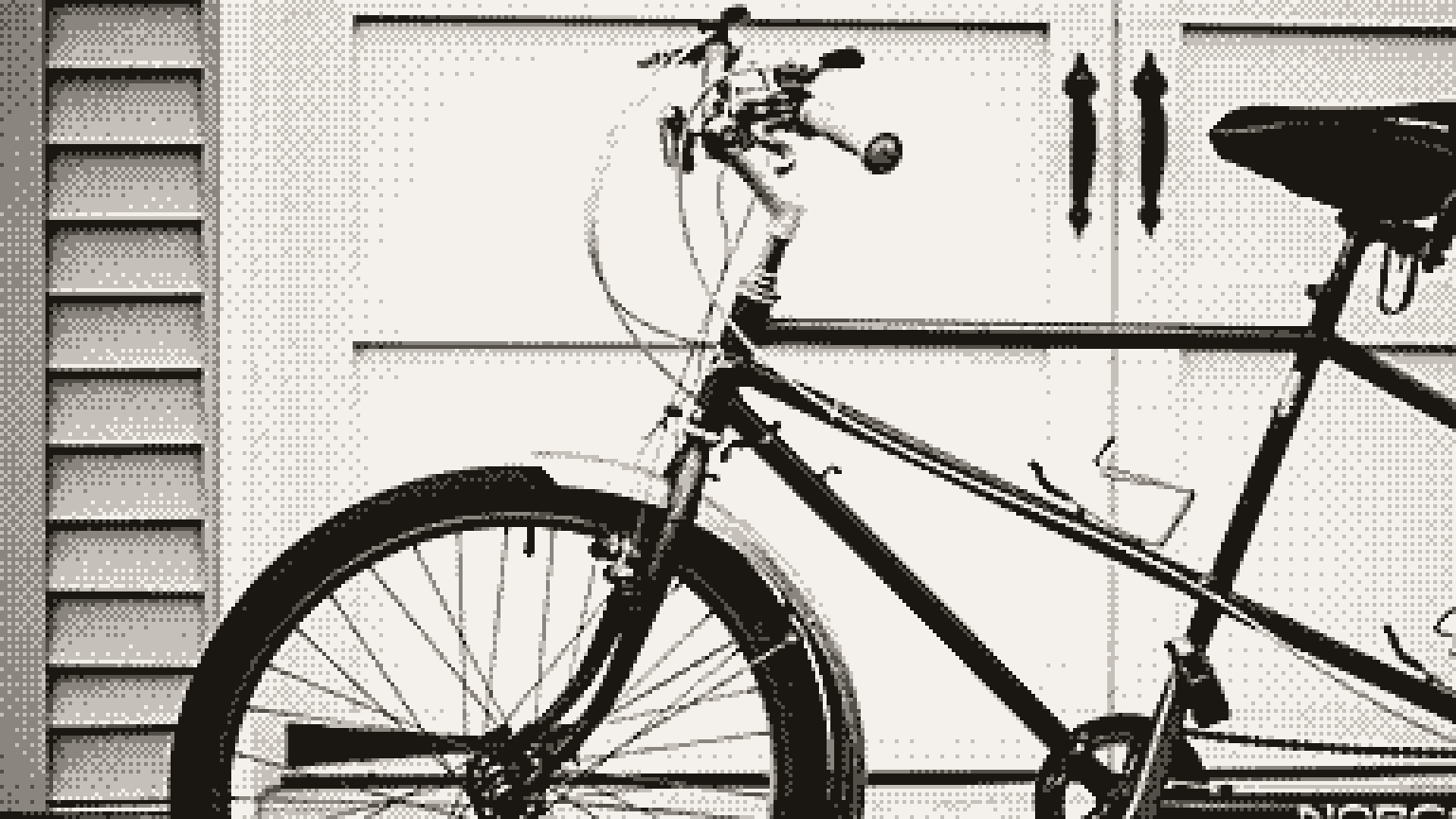 A tandem bicycle parked against a wall
