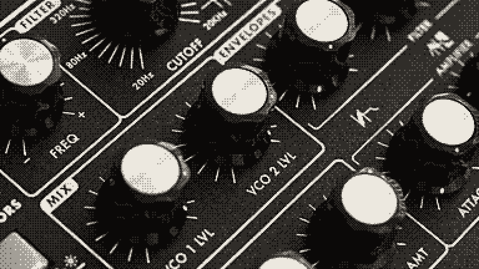 Close-up of the knobs on a synthesizer panel