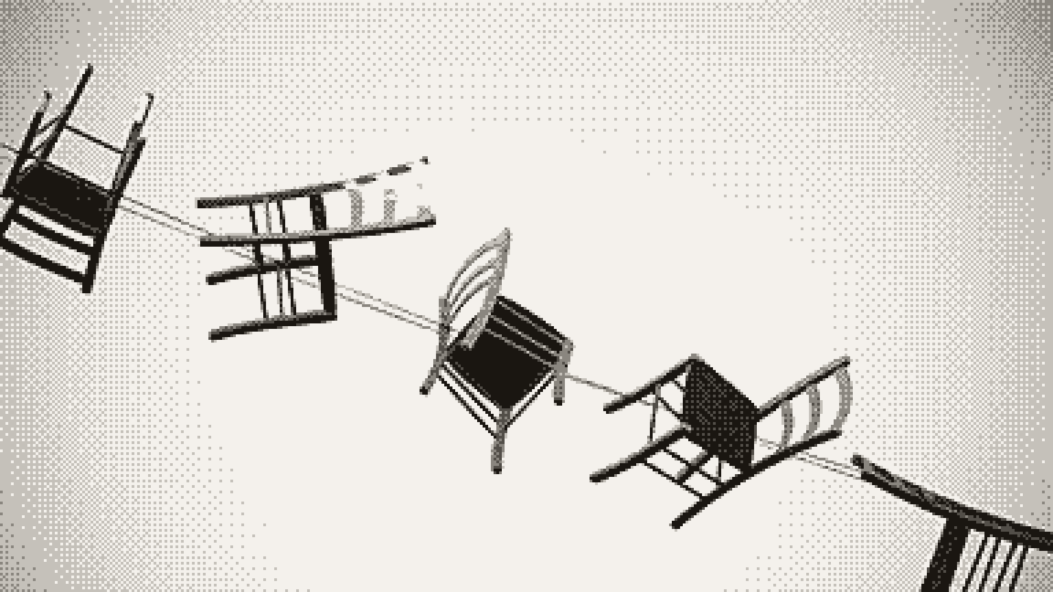 Five wooden chairs floating in the air against a pale background