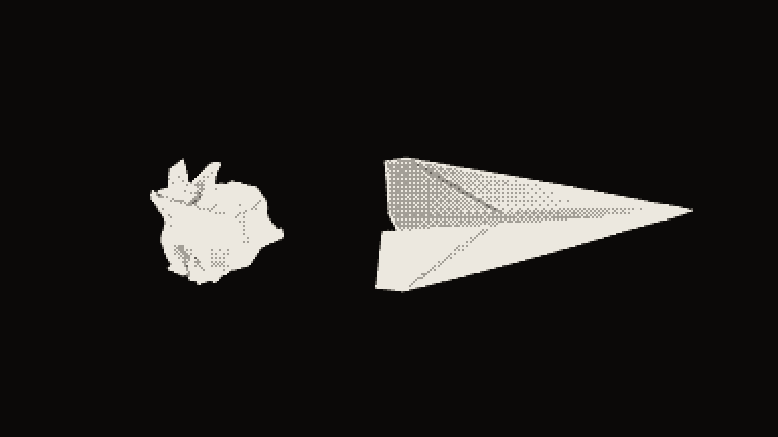 A crumpled paper ball beside a folded paper airplane on a dark background