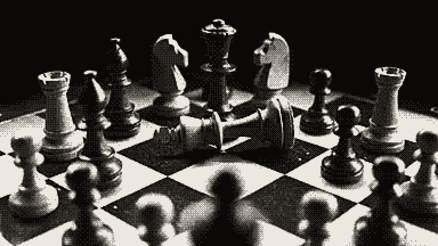 Chess pieces set up on a board in low light