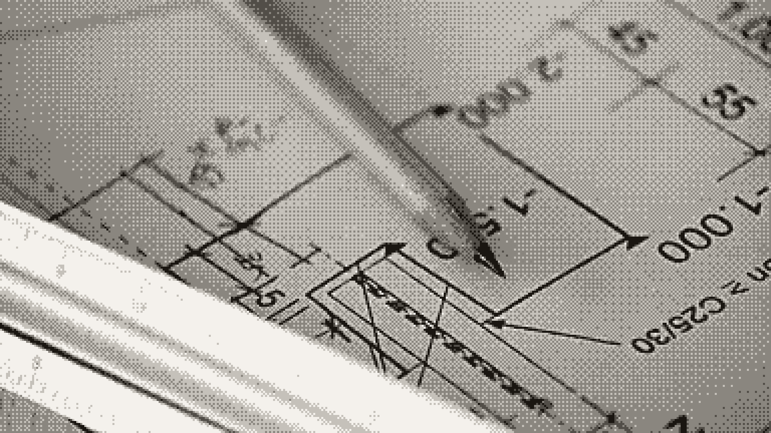 A pen tracing over detailed architectural plans