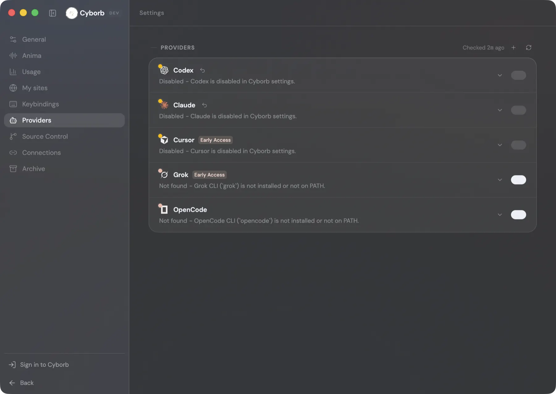 The providers panel listing Codex, Claude, Cursor and Grok alongside the built-in Cyborb Agent.
