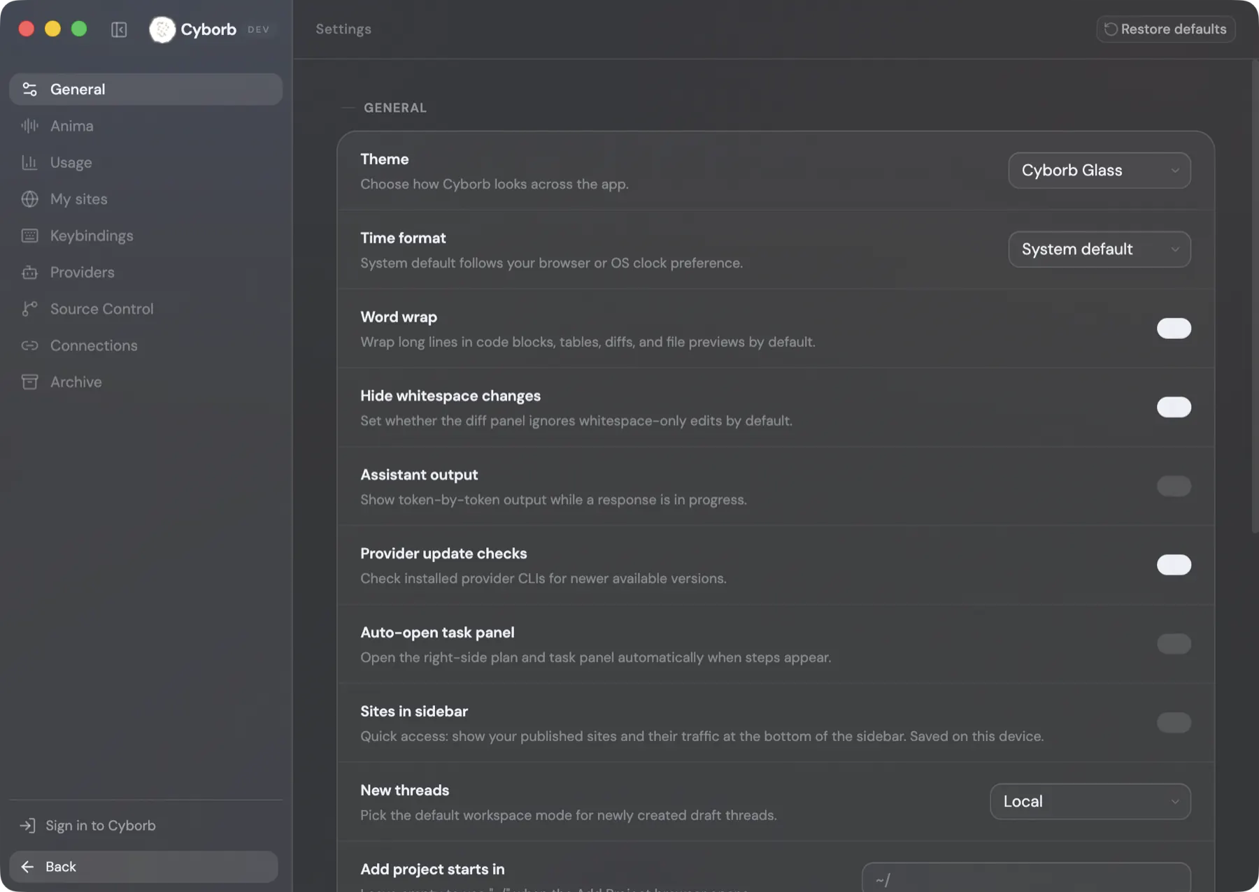 Cyborb settings, showing theme and general preferences.